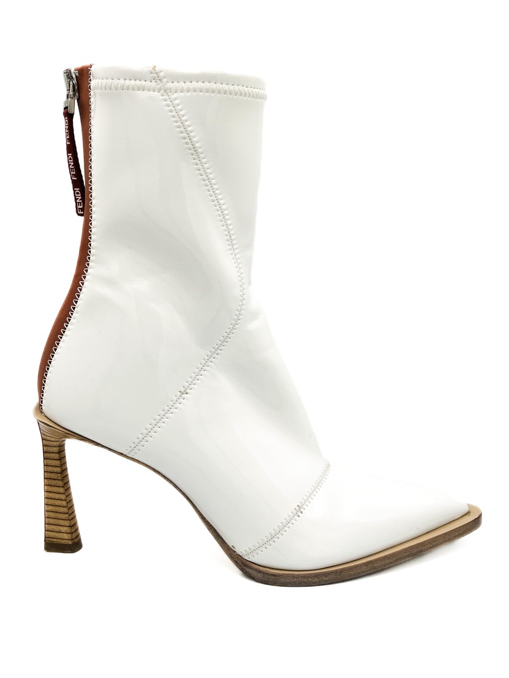 Fendi FFrame Glossy Neoprene Pointed Toe White Stiletto Heel Ankle Boots